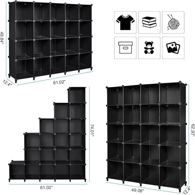 ANWBROAD Cube Storage Organizer 20-Cube Cubby Shelving Book Shelf Living Room Closet Clothes Organizers Kids Toys Craft Yarn Storage with Rubber Hammer for Bedroom Office Black ULCS020B - LeafyLoom