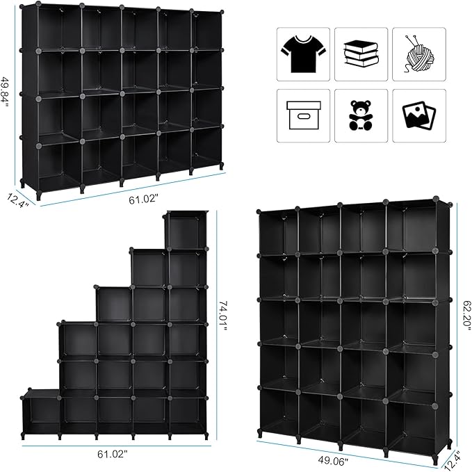 ANWBROAD Cube Storage Organizer 20-Cube Cubby Shelving Book Shelf Living Room Closet Clothes Organizers Kids Toys Craft Yarn Storage with Rubber Hammer for Bedroom Office Black ULCS020B - LeafyLoom