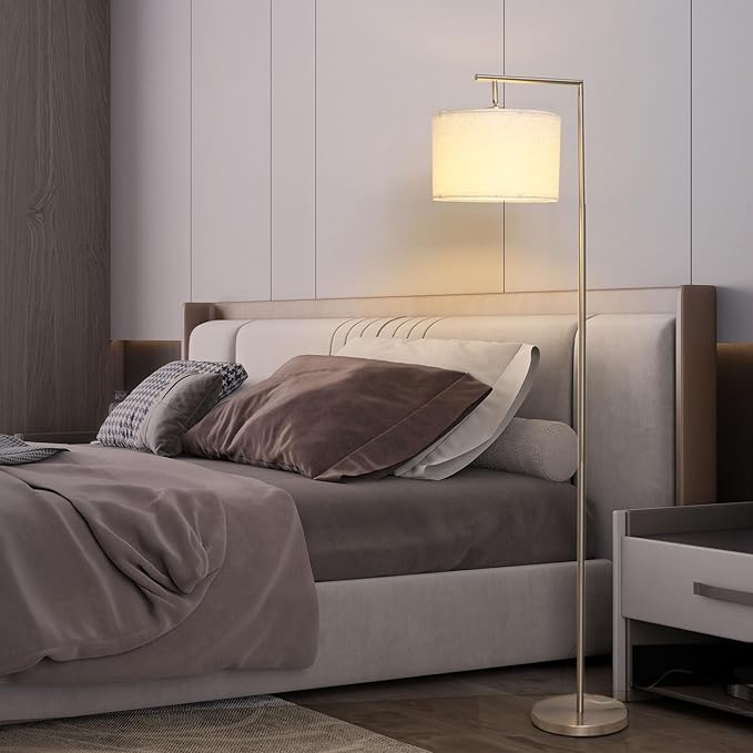 FAGUANGAO Silver Floor Lamp with 3 Color Tempratures LED Bulb, Modern Standing Lamp with Hanging Drum Shade for Living Room, Bedroom, Study Room, Office(Bulb Included) - LeafyLoom