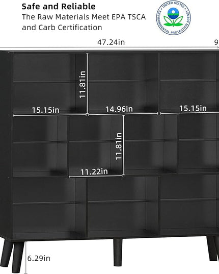 YAHARBO 10 Cube Bookshelf,3 Tier Bookcase with Legs,Black Mid-Century Modern Bookshelves,Large Free Standing Open Storage Organizer Shelf,Tall Wooden Book Case Furniture for Bedroom,Living Room,Office - LeafyLoom