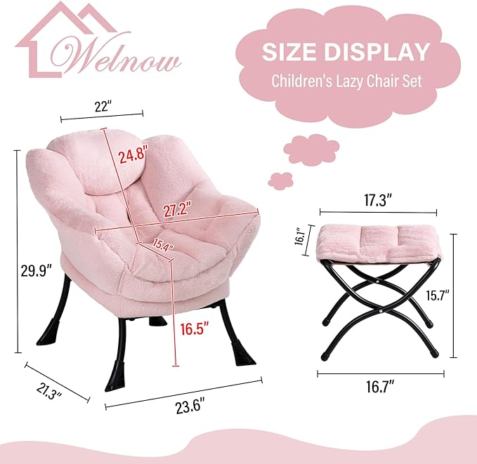 Welnow Toddler Kids Lazy Chair with Ottoman, Accent Comfy Lounge Children Armchair Couch with Armrest and Removable Cover, Detachable Reading Chair with Footrest for Boy or Girl, Plush Pink - LeafyLoom