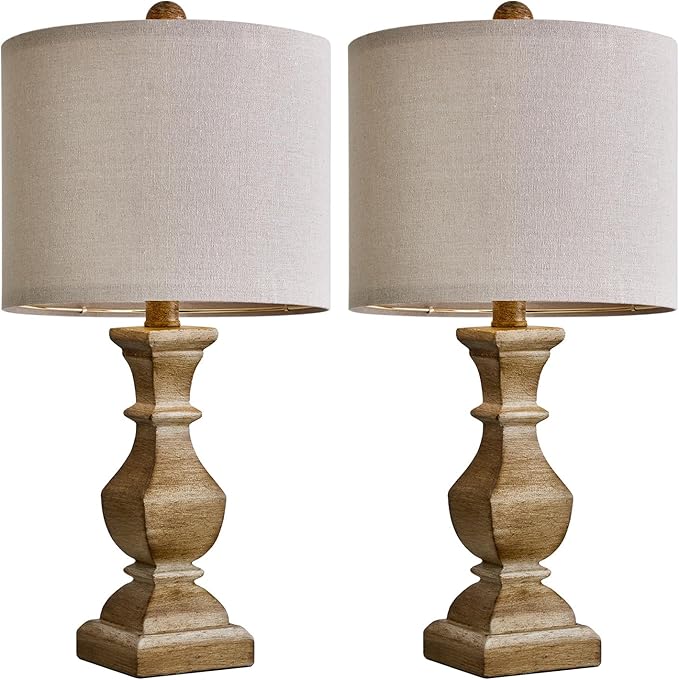 PoKat 20.5" Mid Century Table Lamp Sets of 2 for Living Room Retro Style Farmhouse Table Lamp for Bedroom Classic Beige Resin Bedside Night Light Lamps - LeafyLoom