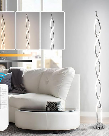 ADISUN 31W Modern Floor Lamp, LED Spiral Floor Lamp for Living Room, 3-Color Dimmable Standing Floor Lamp with Remote Control, 58" Tall Floor Lamp for Living Room Bedroom Office Dining Room (Silver) - LeafyLoom