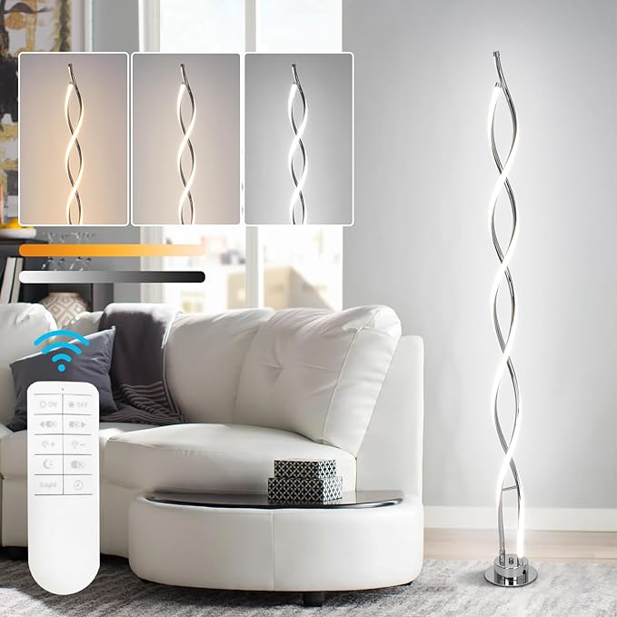 ADISUN 31W Modern Floor Lamp, LED Spiral Floor Lamp for Living Room, 3-Color Dimmable Standing Floor Lamp with Remote Control, 58" Tall Floor Lamp for Living Room Bedroom Office Dining Room (Silver) - LeafyLoom
