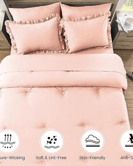 Twin Bed in a Bag 5 Pieces Comforter Set Twin, Ruffle Shabby Chic Bedding Comforter Set Pink Bed Set with Comforter, Pillowcase, Flat Sheet, Fitted Sheet and Pillow Sham - LeafyLoom