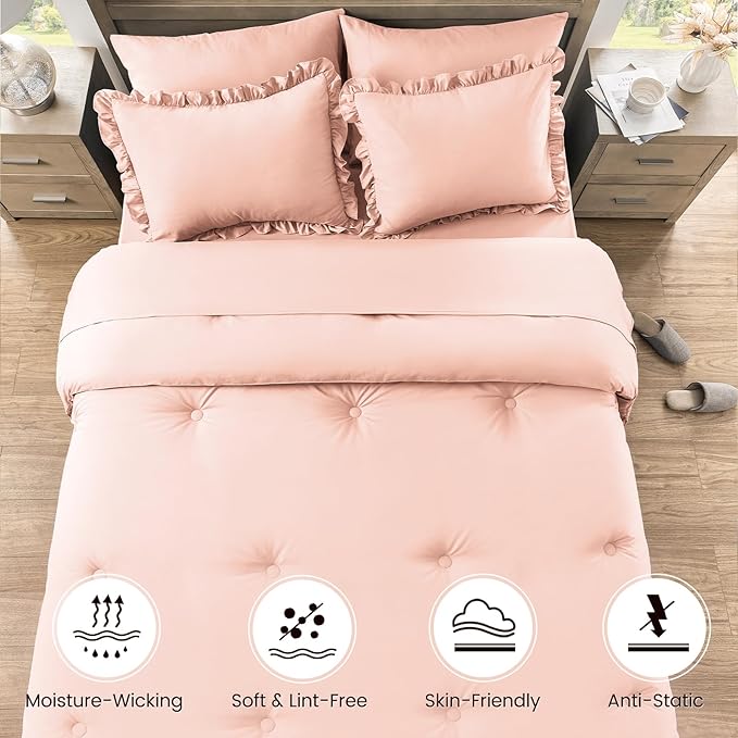 Queen Bed in a Bag 7 Pieces Comforter Set Queen, Ruffle Shabby Chic Bedding Comforter Set Pink Bed Set with Comforter, Pillowcases, Flat Sheet, Fitted Sheet and Pillow Shams - LeafyLoom
