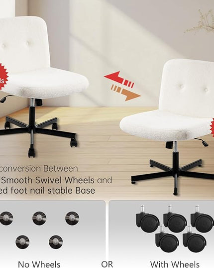 Boucle Criss Cross Armless Home Office Chair with Replaceable Wheels/Fixed Base and Back Support for Living Room, Wide Seat Adjustable Legged Swivel Chair, Comfy Computer Chair for Vanity, White - LeafyLoom