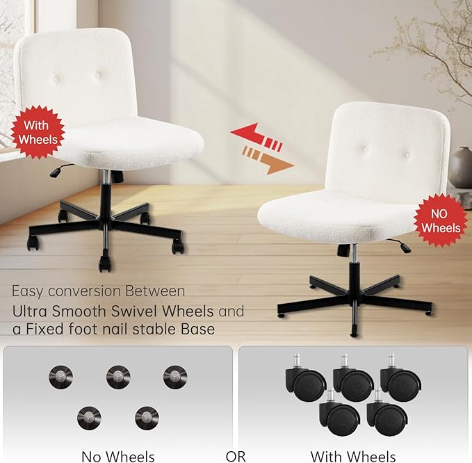 Boucle Criss Cross Armless Home Office Chair with Replaceable Wheels/Fixed Base and Back Support for Living Room, Wide Seat Adjustable Legged Swivel Chair, Comfy Computer Chair for Vanity, White - LeafyLoom