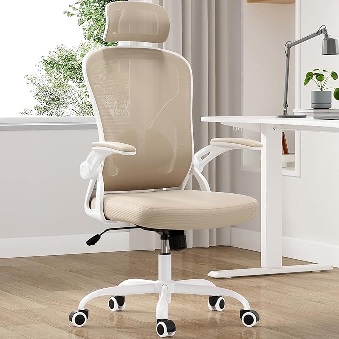 Farini Ergonomic Office Chair, Home Office Desk Chair with Headrest, High Back Computer Chair with Flip-up Armrests and Adjustable Lumbar Support for Home Office Study Room Bedroom, Khaki. - LeafyLoom