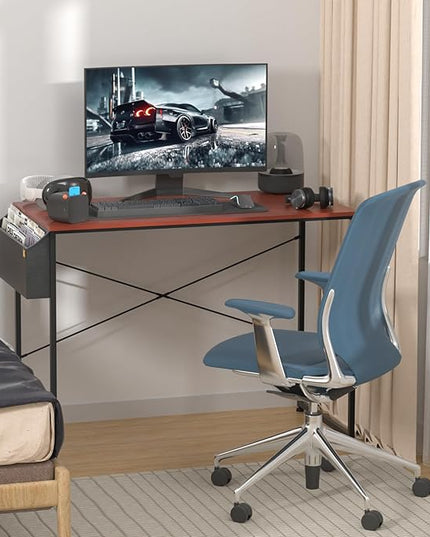 MoNiBloom Home Office Computer Desk with Storage Bag, 40" Writing Study Modern Simple Style Laptop Table, Teak Color - LeafyLoom