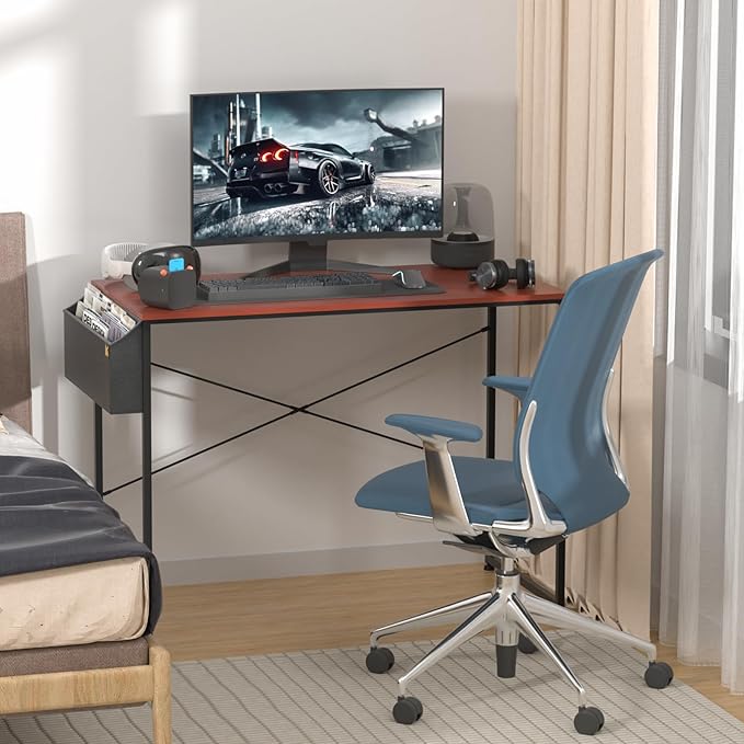 MoNiBloom Home Office Computer Desk with Storage Bag, 40" Writing Study Modern Simple Style Laptop Table, Teak Color - LeafyLoom