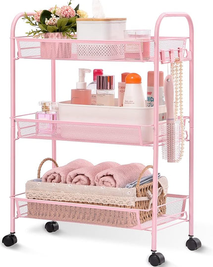 TOOLF 3-Tier Metal Rolling Cart, Mesh Wire Easy Assemble Utility Cart, Storage Trolley on Wheels with 3 Hooks, MetalStorage Shelving Units for Kitchen Bathroom Laundry Room - LeafyLoom
