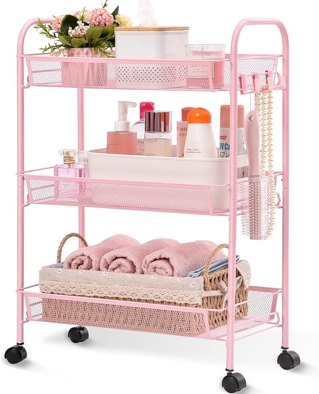 TOOLF 3-Tier Metal Rolling Cart, Mesh Wire Easy Assemble Utility Cart, Storage Trolley on Wheels with 3 Hooks, MetalStorage Shelving Units for Kitchen Bathroom Laundry Room - LeafyLoom