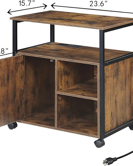 Lateral File Cabinet,Office Filing Cabinets with Socket and USB Charging Port,Modern Rolling Printer Stand with Storage for A4, Letter Size and File Folders,for home office, Rustic Brown - LeafyLoom