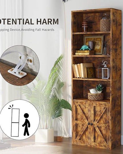 oneinmil 6 Tier Bookcase, Wooden Bookshelves with Cabinet Doors, Floor Bookshelf and Office Storage Cabinets for Home Office, Living Room,Brown - LeafyLoom