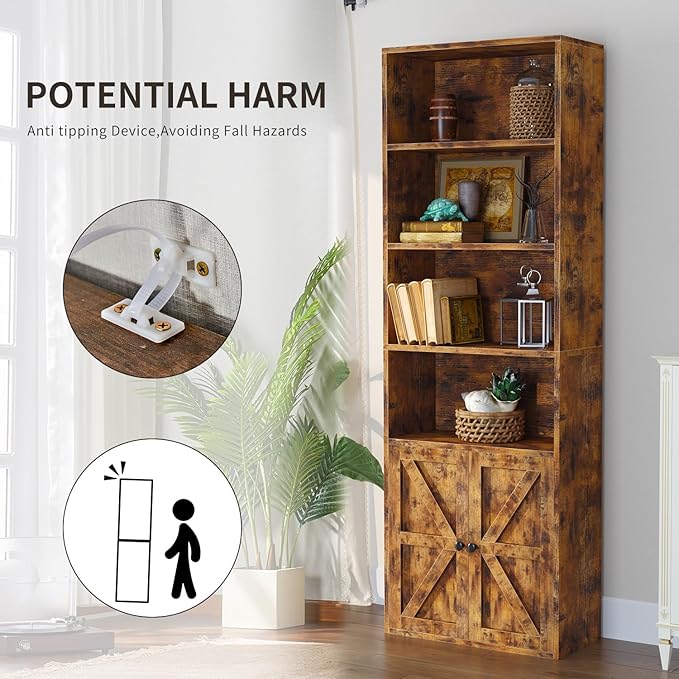 oneinmil 6 Tier Bookcase, Wooden Bookshelves with Cabinet Doors, Floor Bookshelf and Office Storage Cabinets for Home Office, Living Room,Brown - LeafyLoom