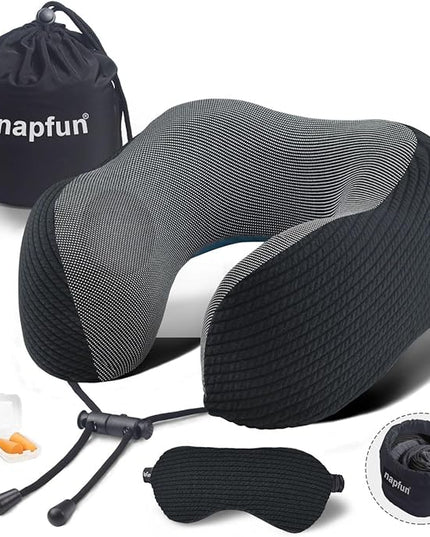 napfun Neck Pillow for Traveling, Upgraded Travel Neck Pillow for Airplane 100% Pure Memory Foam Travel Pillow for Flight Headrest Sleep, Portable Plane Accessories, Striped Black - LeafyLoom
