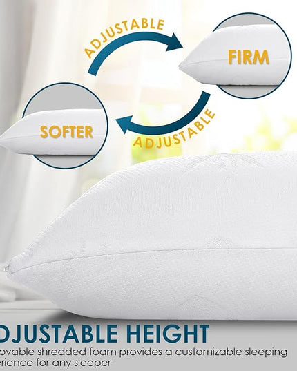 Cooling Bed Pillows for Sleeping 1 Pack, Adjustable Cool Shredded Memory Foam Pillows Queen Size - Luxury Pillows for Side Back Sleepers with Washable Cover, CertiPUR-US Certified - LeafyLoom
