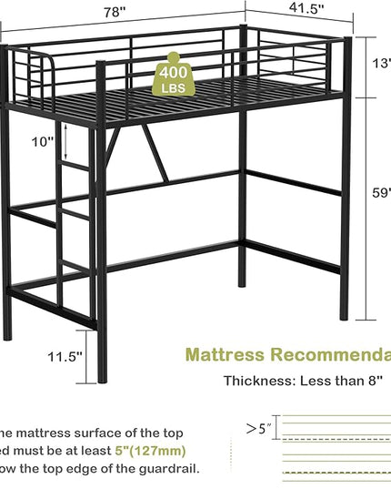 VECELO Metal Loft Bed Twin Size, Heavy Duty Bedframe with Removable Ladder and Safety Guardrail, Space-Saving, Noise Free, No Box Spring Needed, Black - LeafyLoom