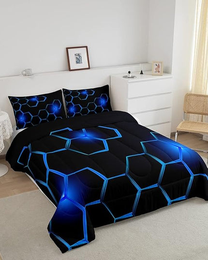 Honeycomb Kids Comforter Set Modern Geometry Hexagon Bedding Set for Boys Children Teens Bedroom Decor Geometrical Comforter Beehive Geometric Black Blue Duvet Set Twin Size with 1 Pillow Case - LeafyLoom