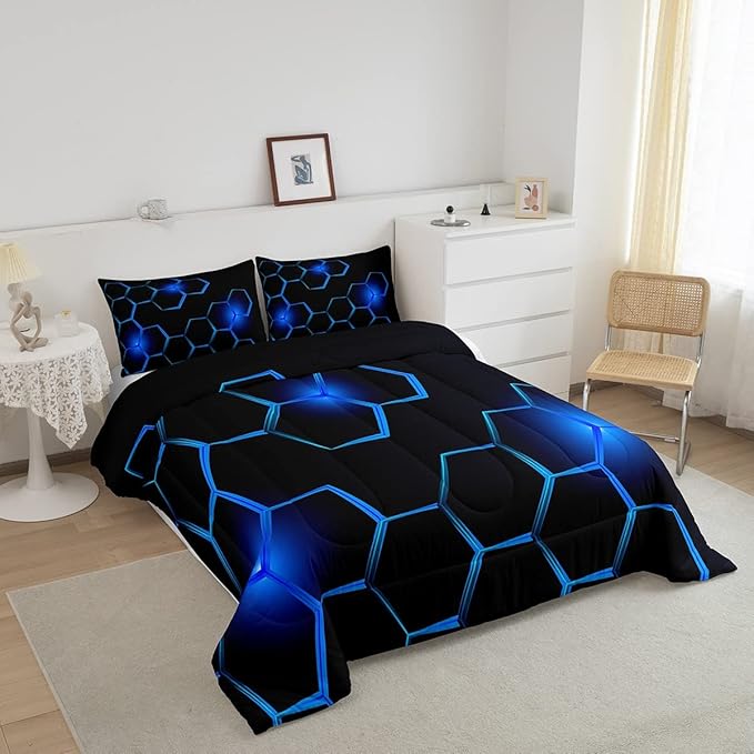 Honeycomb Kids Comforter Set Modern Geometry Hexagon Bedding Set for Boys Children Teens Bedroom Decor Geometrical Comforter Beehive Geometric Black Blue Duvet Set Twin Size with 1 Pillow Case - LeafyLoom