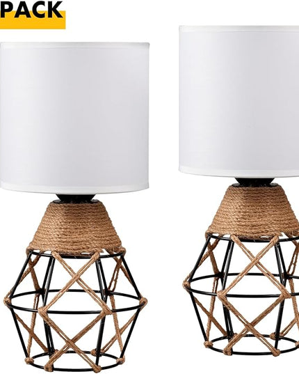 Hamilyeah Table Lamps Set of 2, Woven Lamps for Nightstand with On/Off Switch, Farmhouse Bedside Lamps with White Fabric Shade, Modern Simple Lamps for Bedroom, Living Room - LeafyLoom