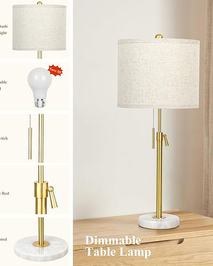 Table Lamp Set of 2: 22" to 30" Height Adjustable Pull Chain Switch for Living Room Bedroom End Table, Marble Base Beige Linen Shade Gold Nightstand Lamp for Office, Bedside Table (Gold, Beige Shade) - LeafyLoom