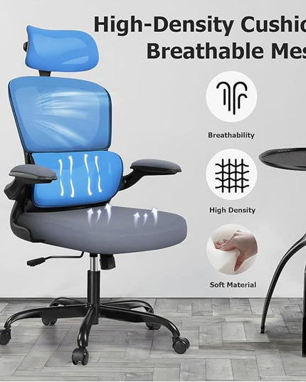 Ergonomic Office Chair, High Back Mesh Desk Chair with Lumbar Support and Adjustable Headrest, Computer Gaming Chair with Flip-up Armrests, Executive Swivel Chair for Home Office (DarkGray) - LeafyLoom