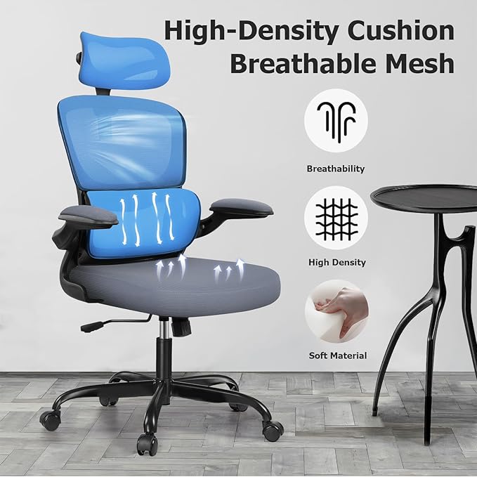 Ergonomic Office Chair, High Back Mesh Desk Chair with Lumbar Support and Adjustable Headrest, Computer Gaming Chair with Flip-up Armrests, Executive Swivel Chair for Home Office (DarkGray) - LeafyLoom