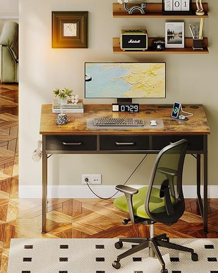 AODK 40 Inch Small Computer Desk with 3 Fabric Drawers, Office Desk with USB/Type-C Charging Ports & Power Outlets, Vanity Desk with Iron Hook for Bedroom, Study/Writing/Work Table for Bedroom,Vintage - LeafyLoom