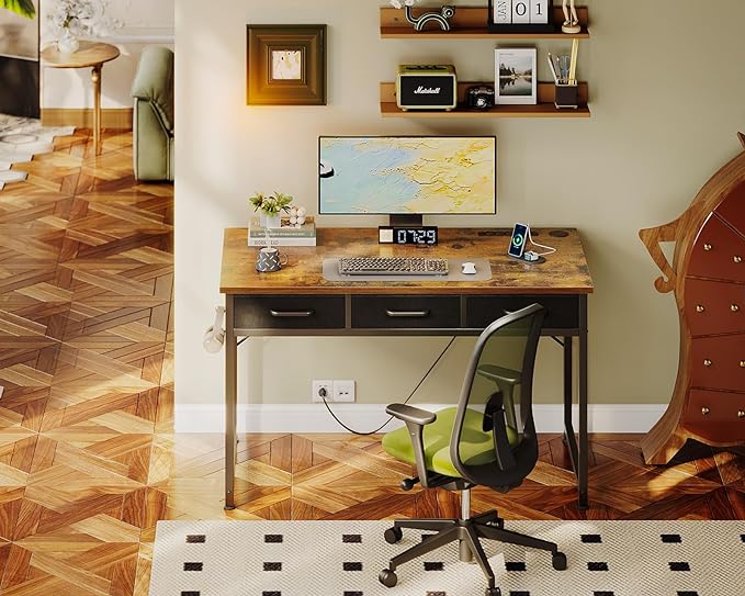 AODK 40 Inch Small Computer Desk with 3 Fabric Drawers, Office Desk with USB/Type-C Charging Ports & Power Outlets, Vanity Desk with Iron Hook for Bedroom, Study/Writing/Work Table for Bedroom,Vintage - LeafyLoom