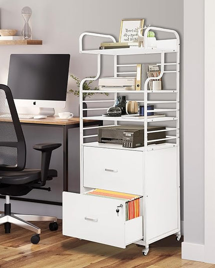 Vertical File Cabinet, 2 Drawer Mobile Filing Cabinet with 3 Bookshelf, Printer Stand with Open Storage Shelves Fits A4/Letter/Legal Size File Cabinets for Home Office Organizer, White - LeafyLoom