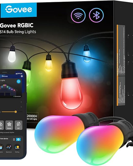 Govee Smart Outdoor String Lights H7020, RGBIC Warm White 48ft LED Bulbs for Outdoor Decor, WiFi Patio Lights Work with Alexa, Google Assistant, APP Control, IP65 Waterproof Govee