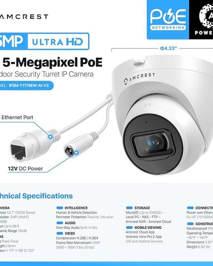Amcrest 5MP Turret POE Camera, UltraHD Outdoor IP Camera POE with Mic/Audio, 5-Megapixel Security Surveillance Cameras, 98ft NightVision, 132° FOV, MicroSD (256GB), (IP5M-T1179EW-AI-V3) Amcrest