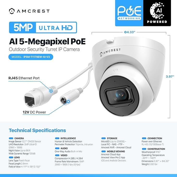 Amcrest 5MP Turret POE Camera, UltraHD Outdoor IP Camera POE with Mic/Audio, 5-Megapixel Security Surveillance Cameras, 98ft NightVision, 132° FOV, MicroSD (256GB), (IP5M-T1179EW-AI-V3) Amcrest