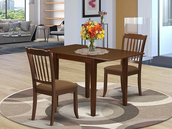 East West Furniture NDDA3-MAH-C Norden 3 Piece Room Set Contains a Rectangle Kitchen Table with Dropleaf and 2 Linen Fabric Upholstered Dining Chairs, 30x48 Inch - LeafyLoom