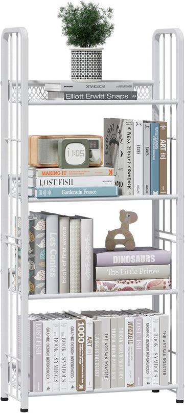 Bookshelf Storage Shelf Bookcase Freestanding Storage Stand Book Organizer for Living Room, Bedroom, Kitchen, Rust Resistance,Easy Assembly Multi-Functional Organizer (4 Tiers, White) - LeafyLoom