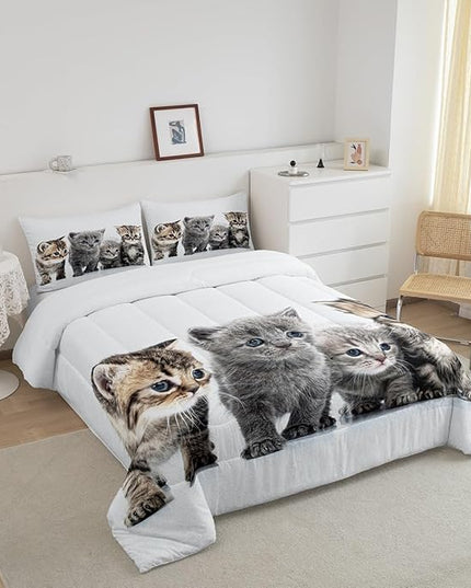 Feelyou Cat Comforter Kids Cute Cat Bedding Set Cartoon Pet Cats Comforter Set for Girls Boys Cute Kitten Room Decor Cat Lovers Kawaii Animal Quilt King Size with 2 Pillow Case Boys - LeafyLoom