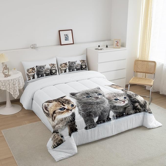 Feelyou Cat Comforter Kids Cute Cat Bedding Set Cartoon Pet Cats Comforter Set for Girls Boys Cute Kitten Room Decor Cat Lovers Kawaii Animal Quilt King Size with 2 Pillow Case Boys - LeafyLoom