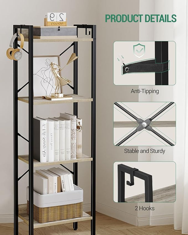 Bookshelf, Book Shelf, Industrial Bookcase with 2 Hooks, Coner Shelf Storage Organizer for Home Office, Living Room, Bedroom, Kitchen, 4-Tier Greige BC10405B - LeafyLoom