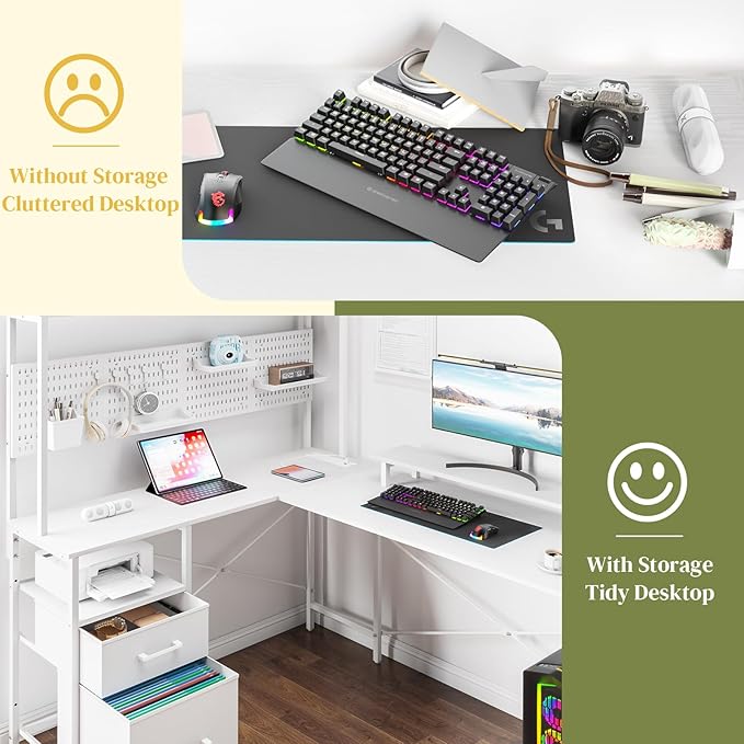 Yoobure L Shaped Desk with Pegboard, Reversible Gaming Desk with LED Lights & Power Outlets, Computer Desk with Drawers & Storage Shelves, Office Desk with Monitor Stand Corner Desk Home Office Desks - LeafyLoom