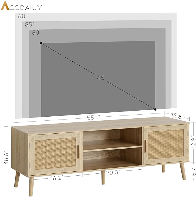 Tv Stand,Entertainment Center with Storage Cabinet, Mid Century Modern Media Console Table, Adjustable Hinge, Wooden Television Furniture for Living Room,Oak - LeafyLoom