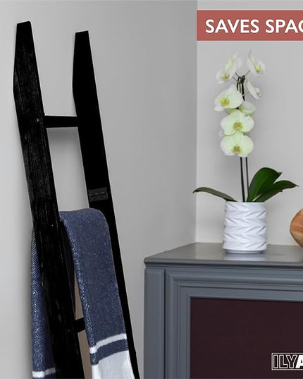Ilyapa Blanket Ladder for The Living-Room - Rustic Decorative Quilt Ladder with Folding Construction for Easy Storage, Black Weathered Wood, Blanket Ladders for The Living Room, Bathroom - LeafyLoom