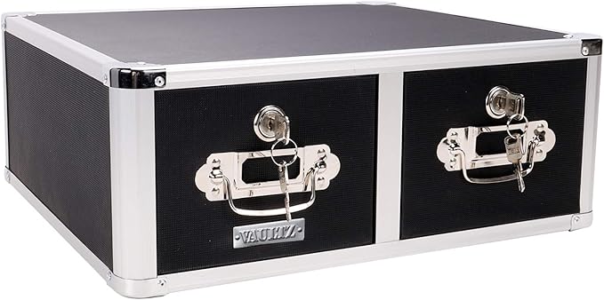 Vaultz® Locking Index Card Cabinet for 4" x 6" Cards, 2-Drawer, 6 3/4" H x 14" W x 16" D, Black - LeafyLoom
