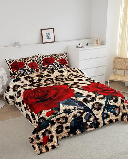 Rose Flower Comforter Set for Teens Adult Women Wedding Gift, Leopard Print Bedding Set Queen Size, Valentine's Day Cheetah Duvet Sets Leopard Animal Skin Down Comforter for Bedroom Decor, Brown - LeafyLoom