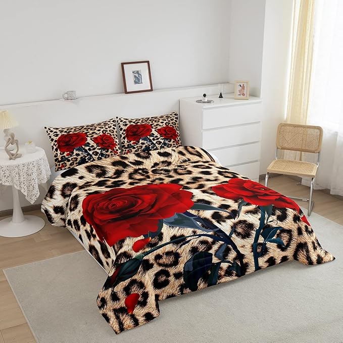 Rose Flower Comforter Set for Teens Adult Women Wedding Gift, Leopard Print Bedding Set Full Size, Valentine's Day Cheetah Duvet Sets Leopard Animal Skin Down Comforter for Bedroom Decor, Brown - LeafyLoom