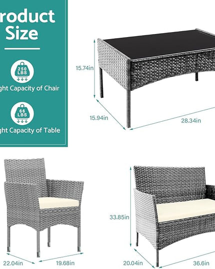 Patio Furniture, 4 Piece Conversation Set, Outdoor Wicker Rattan Table and Chairs, Sectional Sofa with Thick Cushion for Garden, Yard, or Porch, Grey - LeafyLoom