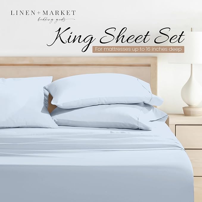 Linen Market Bed Sheets for King Size Bed (Light Blue) - Sleep Better Than Ever with These Soft and Cooling King Sheets - Deep Pocket Fits 16" Thick Beds - 4 Piece King Sheet Set - LeafyLoom