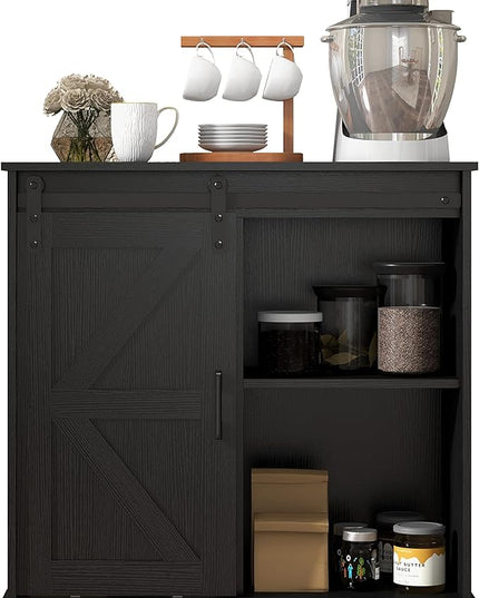 Panana Sliding Barn Door Buffet Sideboard Storage Cabinet Coffee Bar Kitchen Farmhouse Style (Black) - LeafyLoom