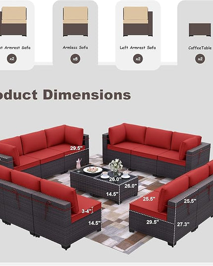 Patio Furniture Set 14-Pieces Outdoor Furniture for Backyard Wicker Sectional Sofa Set, Rattan Patio Conversation Set with Thickened Cushions and Glass Coffee Table, Red - LeafyLoom